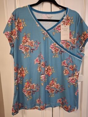 Garnet Hill Blue Floral Wrap-Detail Women's Top